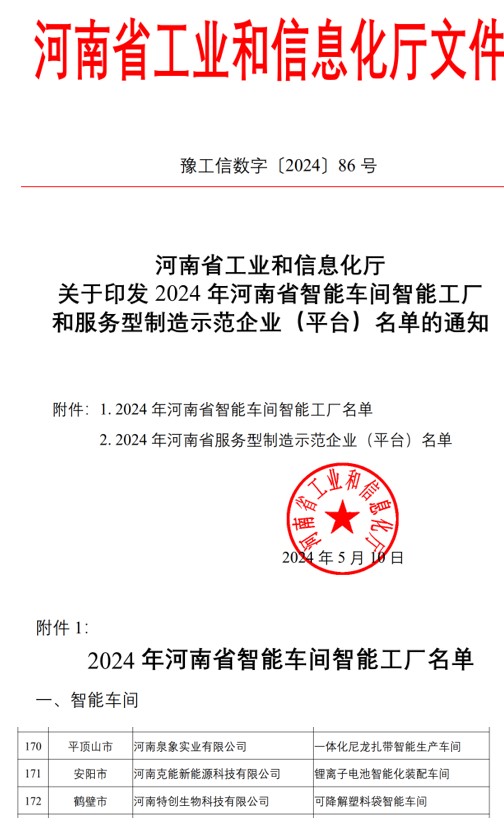 九游首选锂电装配车间被认定为2024年河南省智能车间（2024年5月10日）